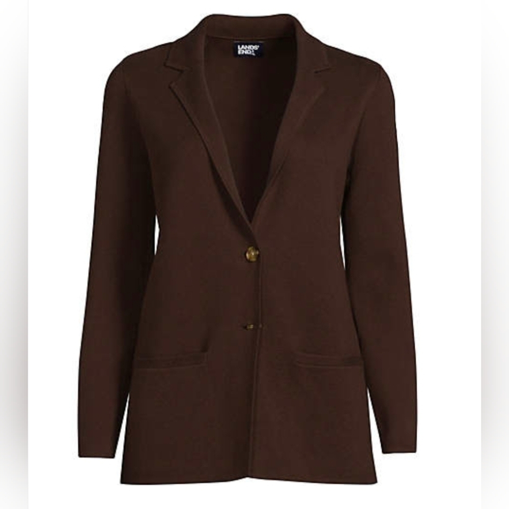 Lands' End Women's Fine Gauge Cotton Button Front Blazer Sweater Rich Coffee L